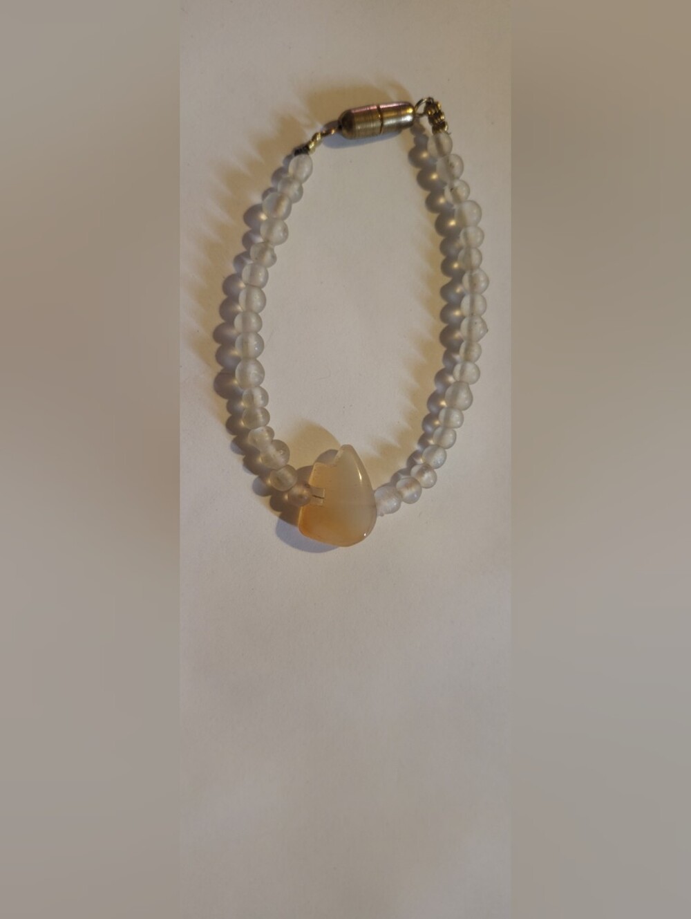 Vintage Frosted Glass Bead Bracelet with Agate Stone Centerpiece